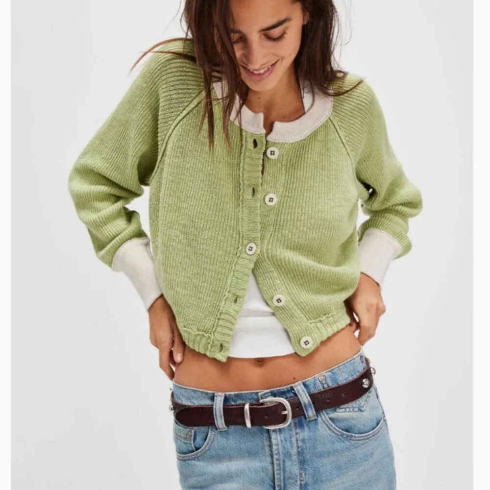 Free People We The Free Lili Linen Cardi Nile Combe Green Cream Small/Large